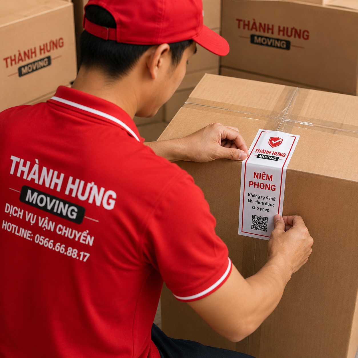 Nhân viên Thành Hưng Moving dán tem niêm phong bảo mật thiết bị