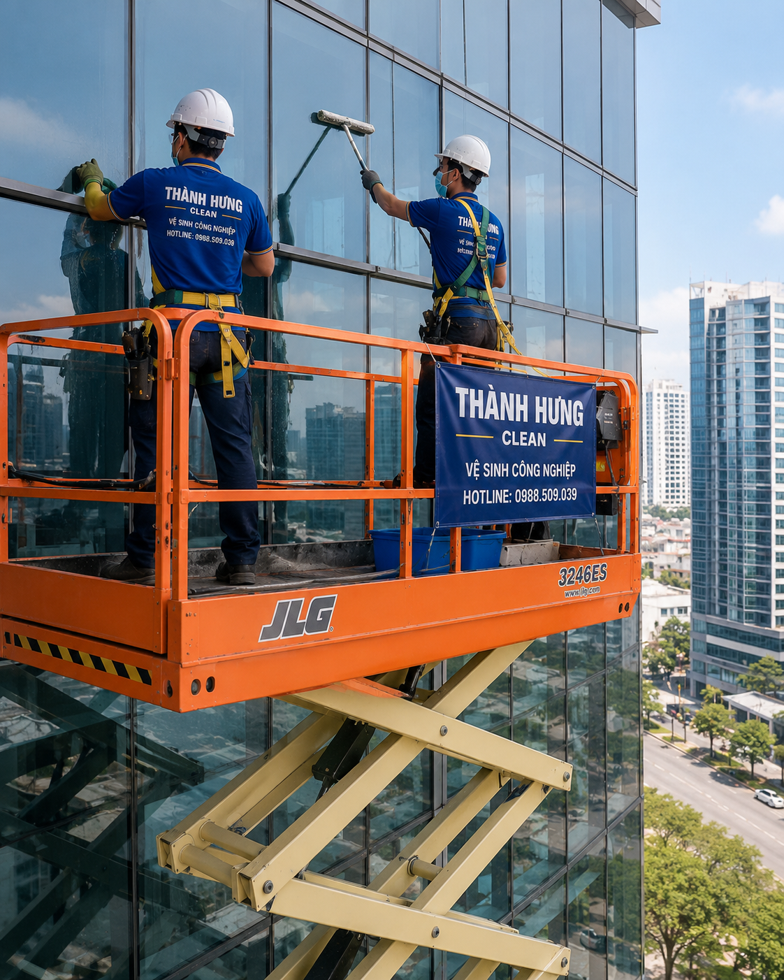Scissor Lift JLG vệ sinh kính nhà cao tầng – Thành Hưng Clean