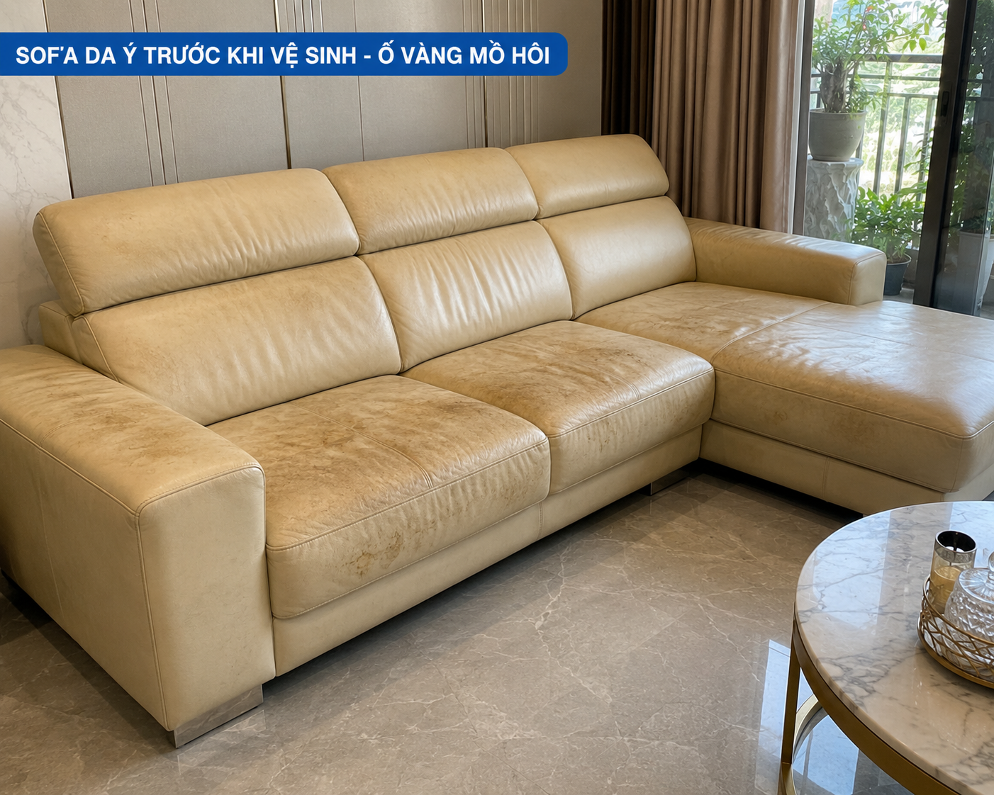Sofa da Ý trước khi vệ sinh - ố vàng mồ hôi