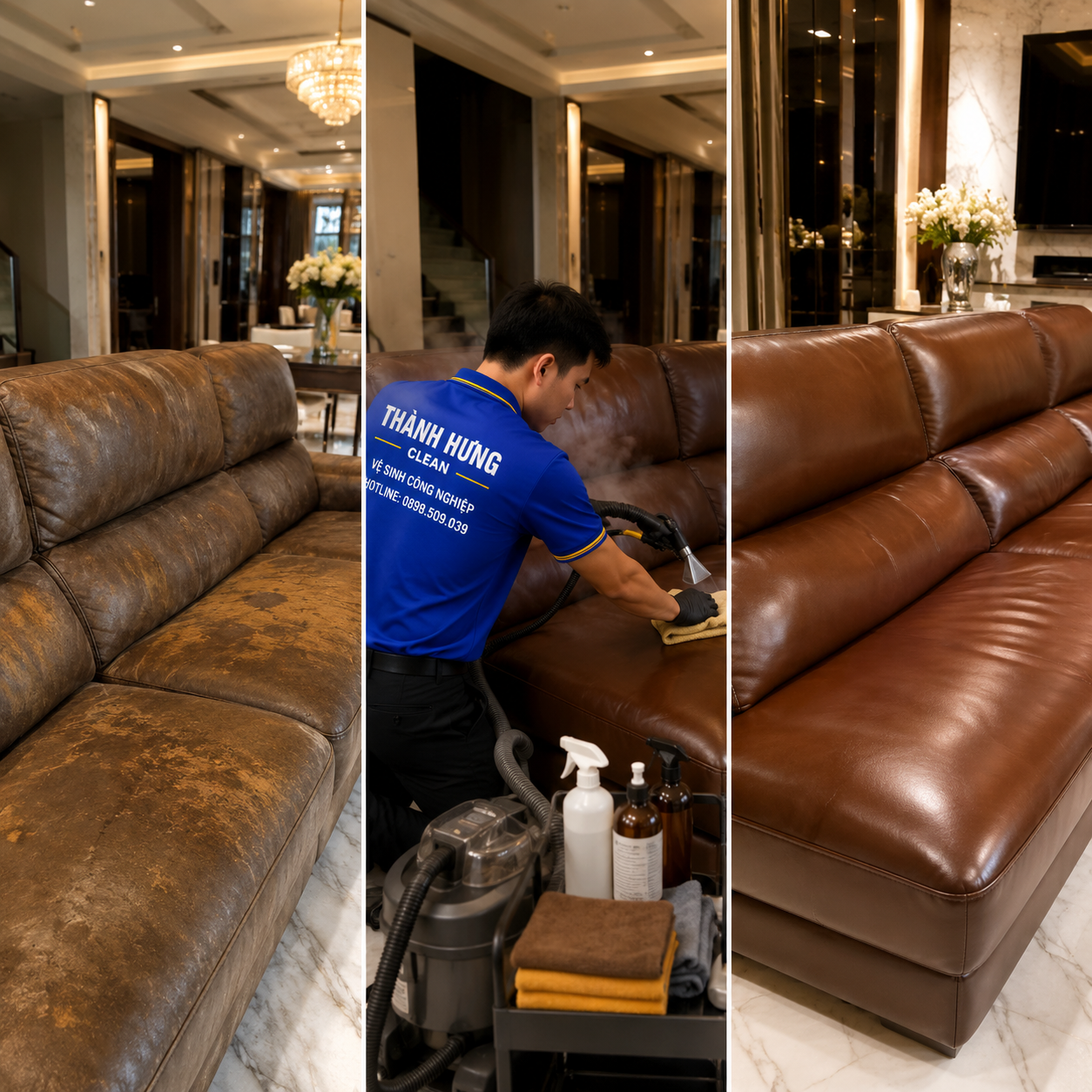 Hình ảnh thực tế trước sau khi giặt sofa ý cho khách hàng tại Quận 7