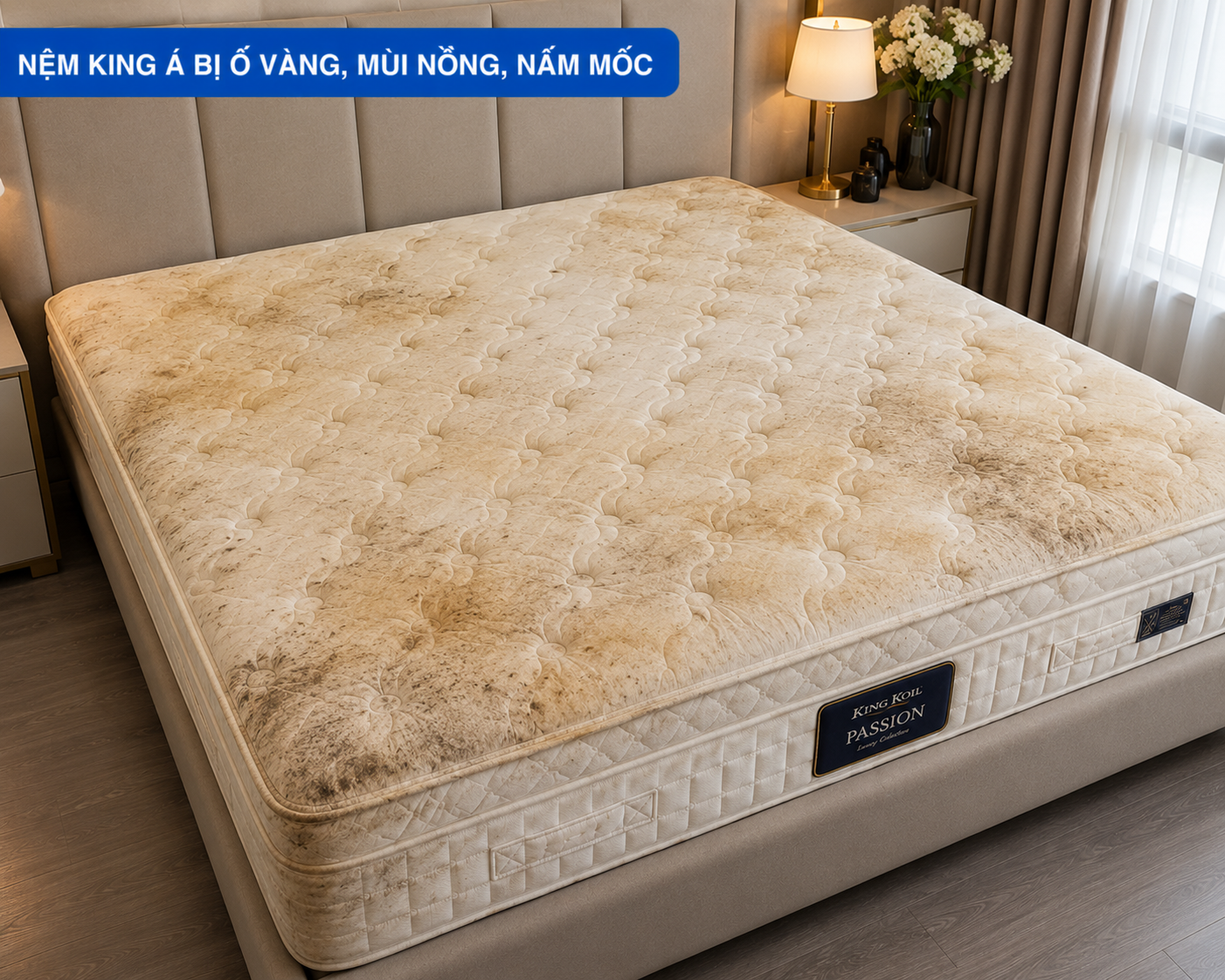 Vết ố mồ hôi vàng ố, mùi nồng, nấm mốc xuất hiện trên nệm king
