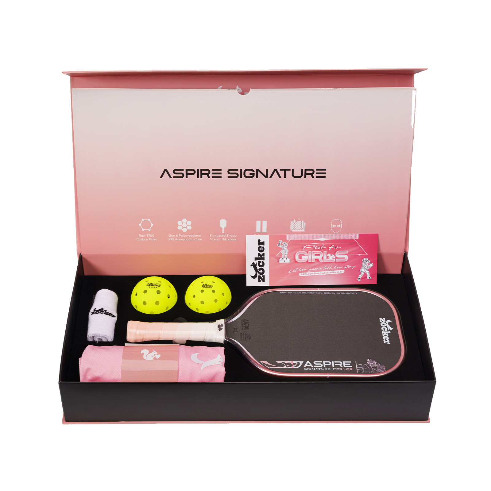 Set Aspire Signature mở hộp, gồm vợt và phụ kiện