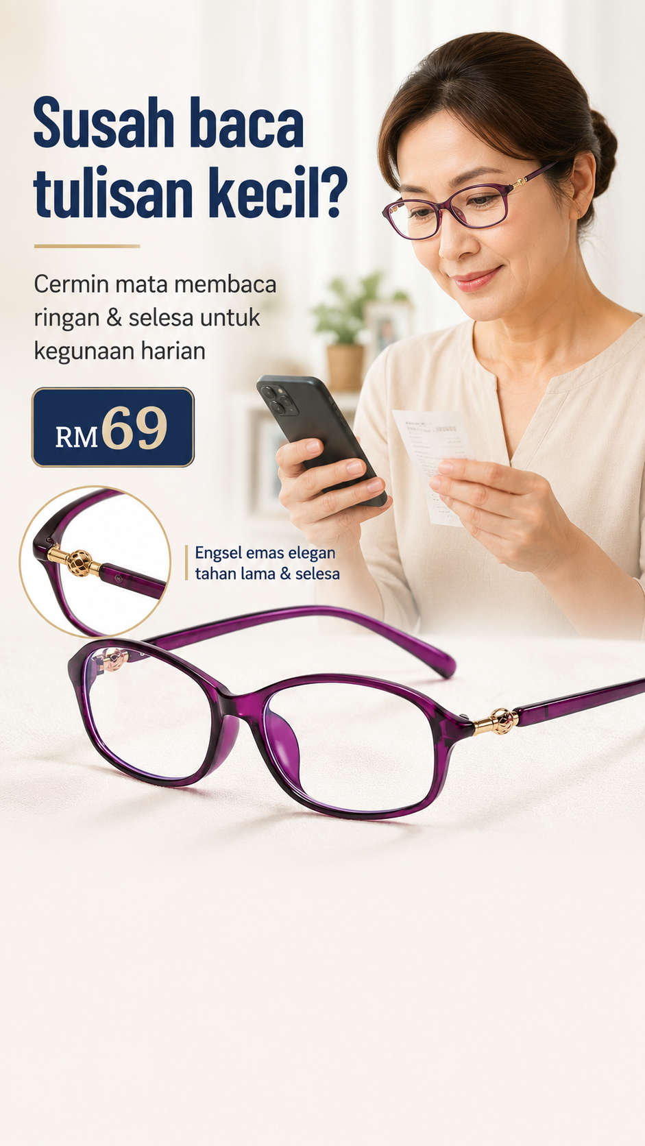 Cermin mata membaca ringan dan selesa untuk kegunaan harian