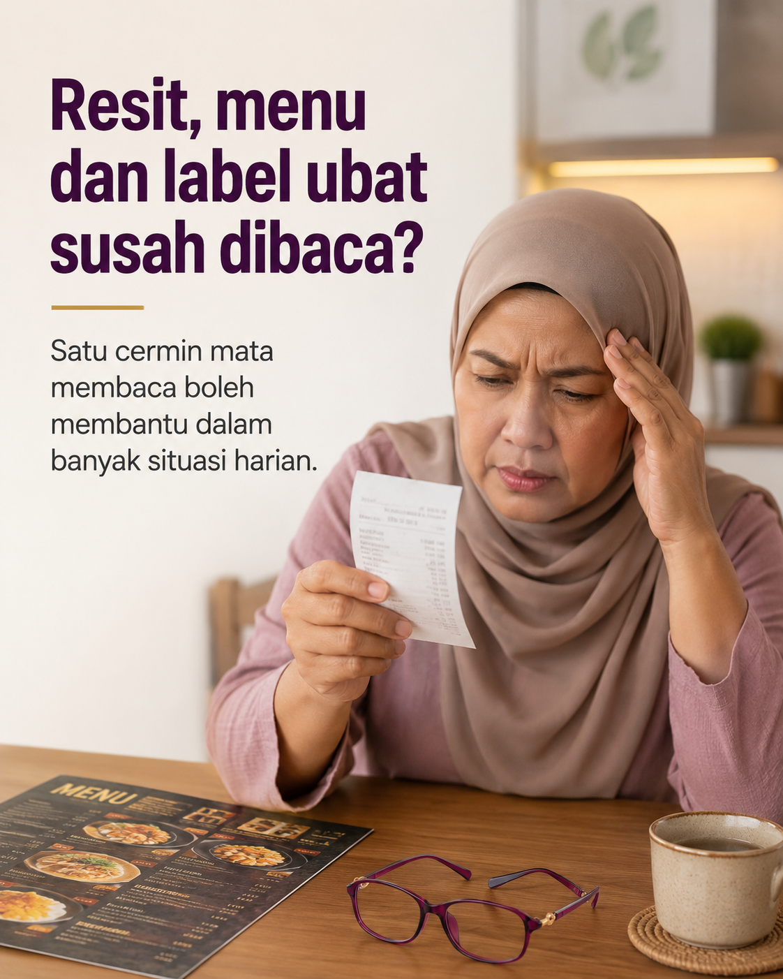 Resit menu dan label ubat susah dibaca