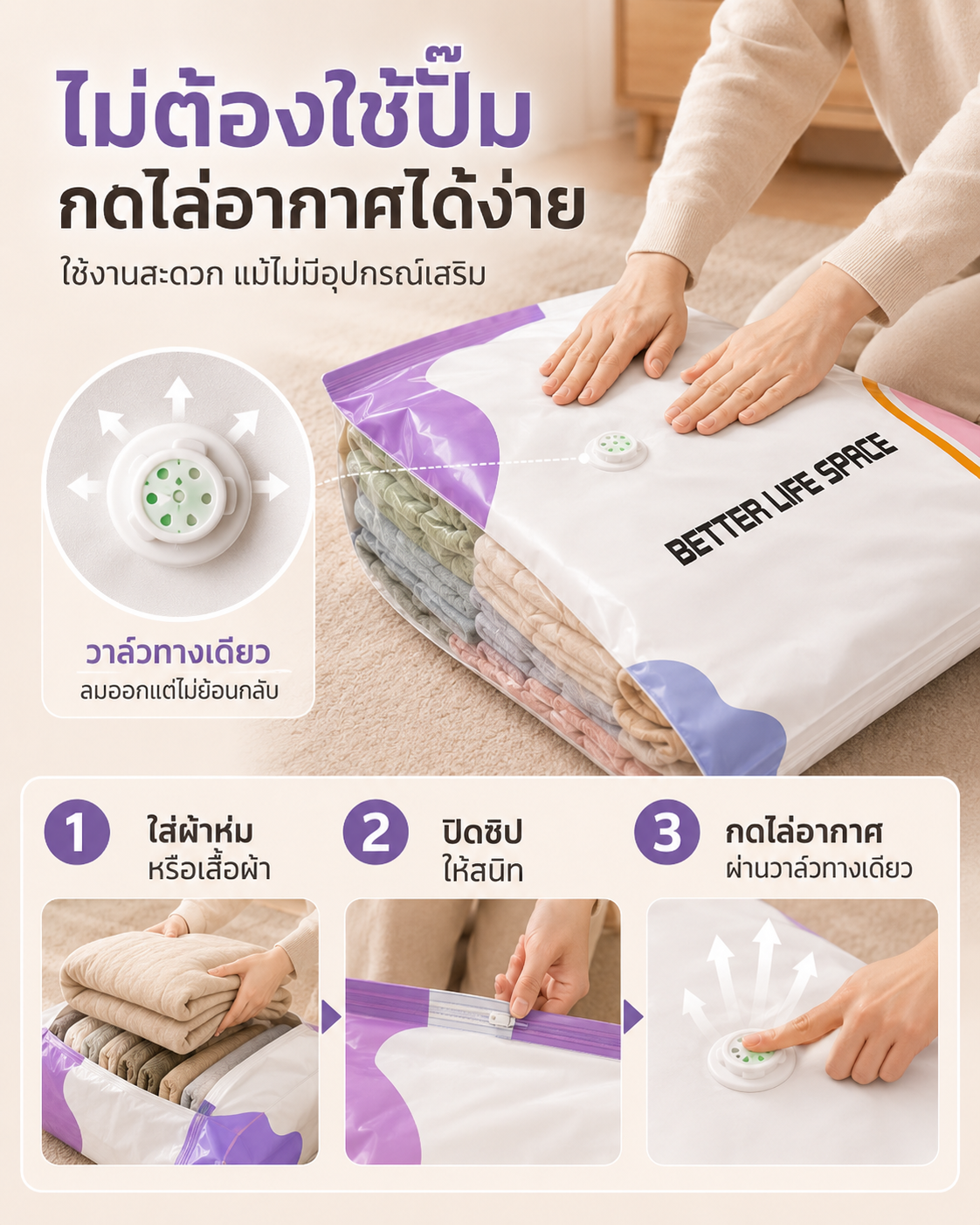 ขั้นตอนการใช้งานถุงจัดเก็บสุญญากาศ