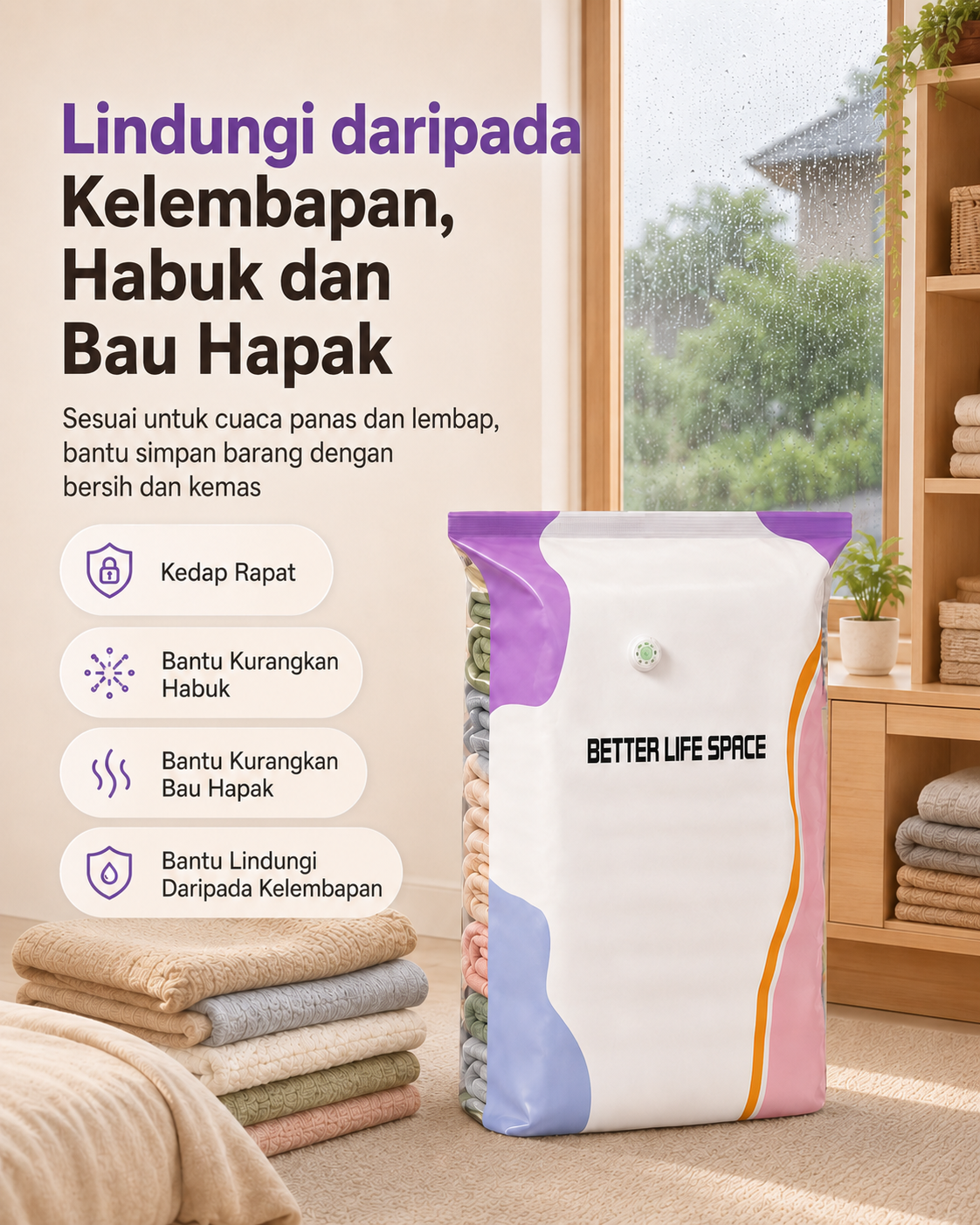 Membantu melindungi barang daripada habuk dan kelembapan