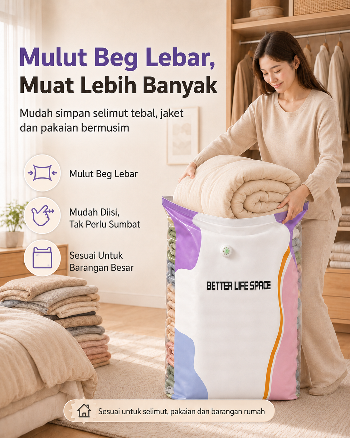 Bukaan beg luas dan mudah memasukkan barang