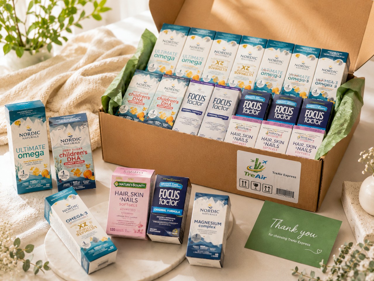 Hộp hàng vitamin và thực phẩm bổ sung gửi từ Mỹ về Việt Nam được chụp chỉn chu với background sáng đẹp