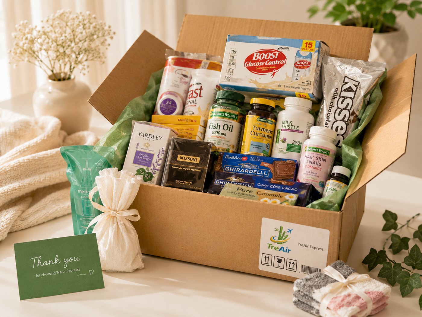 Kiện gom nhiều món từ Mỹ về Việt Nam gồm quà tặng, đồ cá nhân, bánh kẹo, vitamin và hàng mua online
