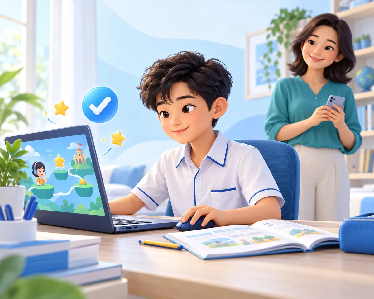 Minh họa học sinh chủ động học trên laptop, mẹ mỉm cười yên tâm theo dõi phía sau