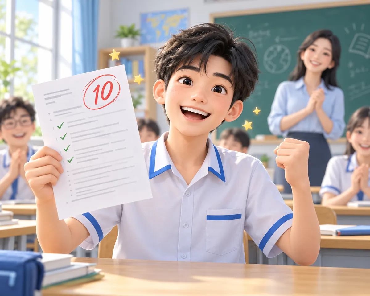 Minh họa học sinh vui sướng khoe bài thi điểm 10 trong lớp học