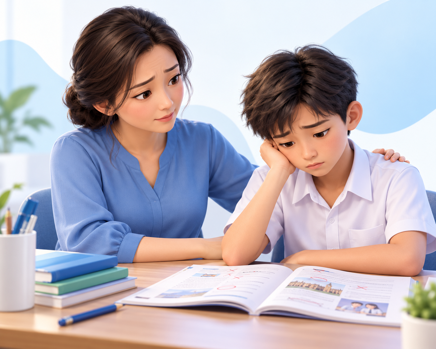 Minh họa người mẹ lo lắng, ân cần bên con đang buồn khi gặp khó khăn với bài tiếng Anh