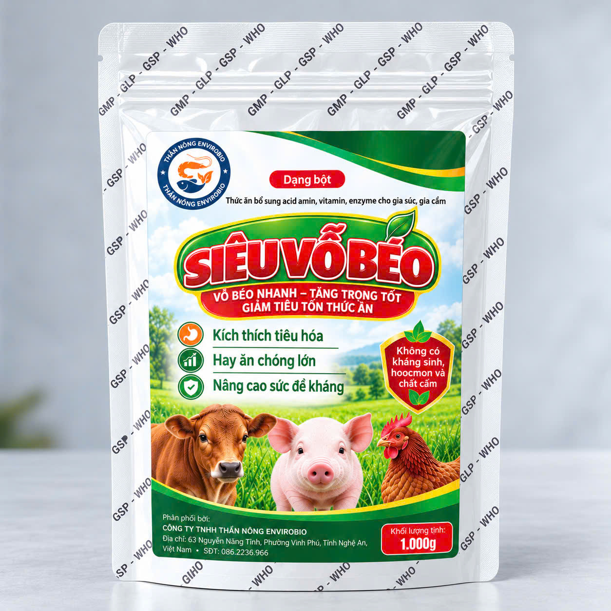 Ảnh mặt trước bao bì thật Siêu Vỗ Béo gói 1 kg