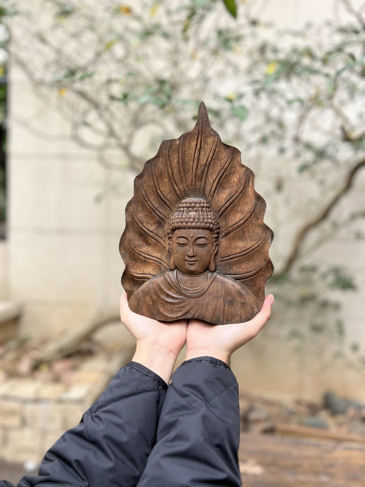 Tranh gỗ Phật lá bồ đề được cầm trên tay ngoài trời