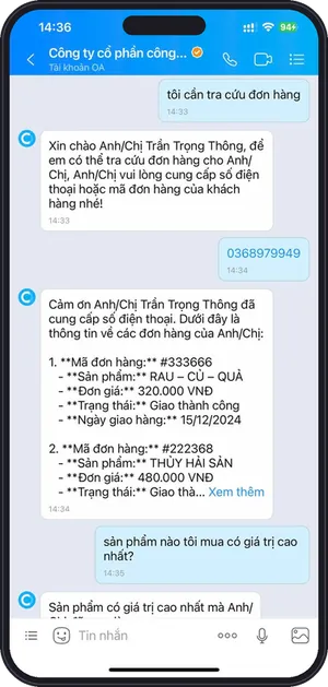 Hội thoại tra cứu đơn hàng – bước 1