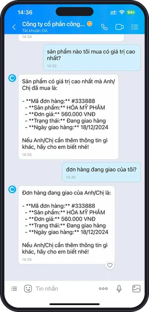 Hội thoại tra cứu đơn hàng – bước 2
