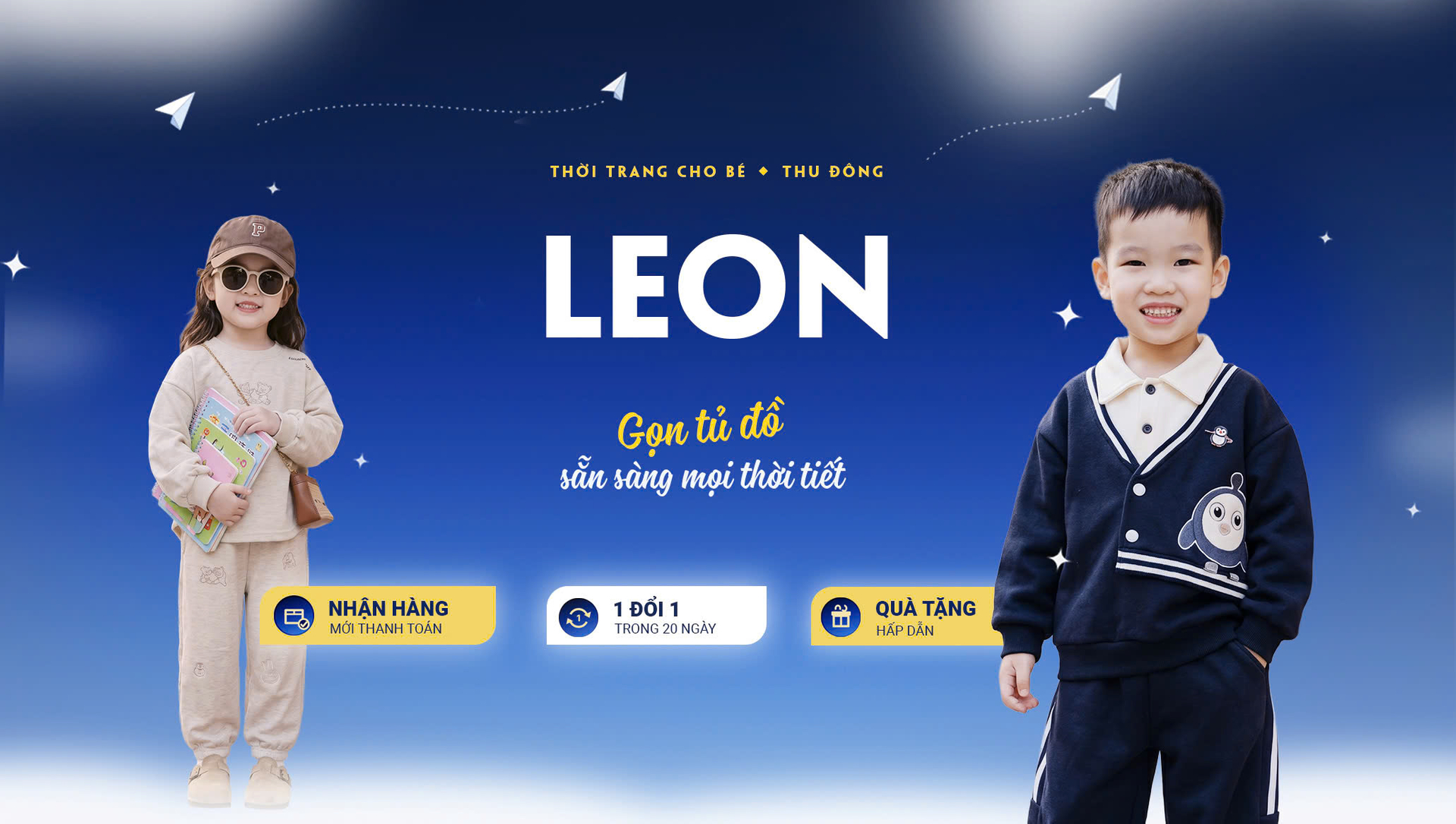 Ảnh bìa Leon: bé gái và bé trai mặc đồ thu đông, Gọn tủ đồ sẵn sàng mọi thời tiết
