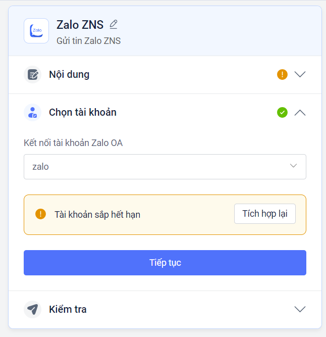 Tích hợp Zalo còn hiệu lực dưới 10 ngày
