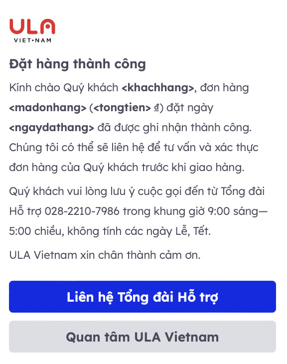 Mãu xác nhận đơn hàng Zalo ZNS