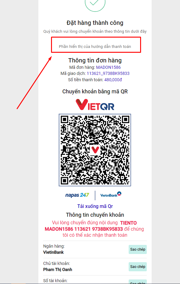 Mô tả về vị trí hiển thị của hướng dẫn thanh toán