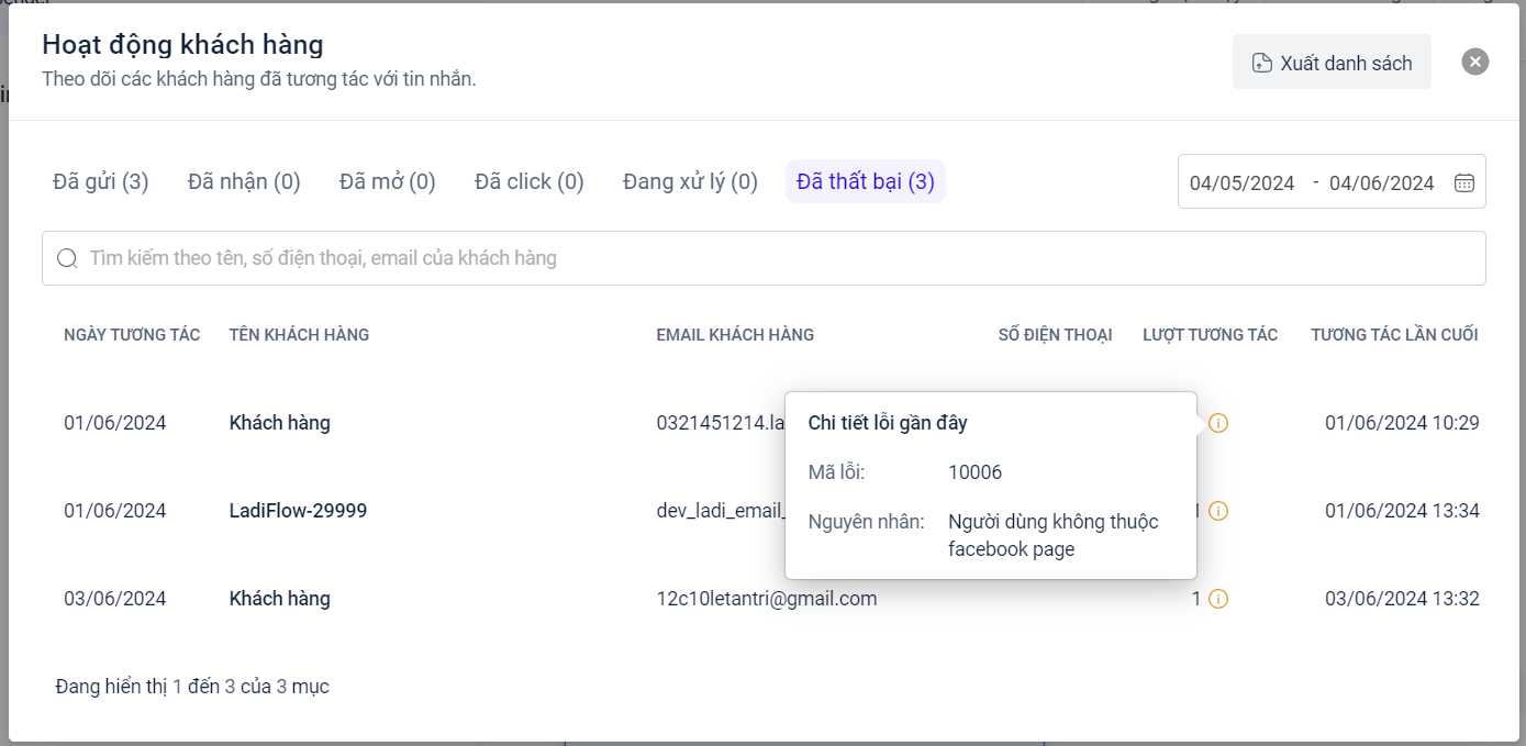 Xem lỗi gửi tin tại Flow