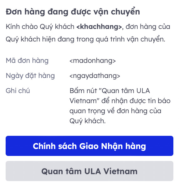 Mẫu đơn hàng đang được vận chuyển Zalo ZNS