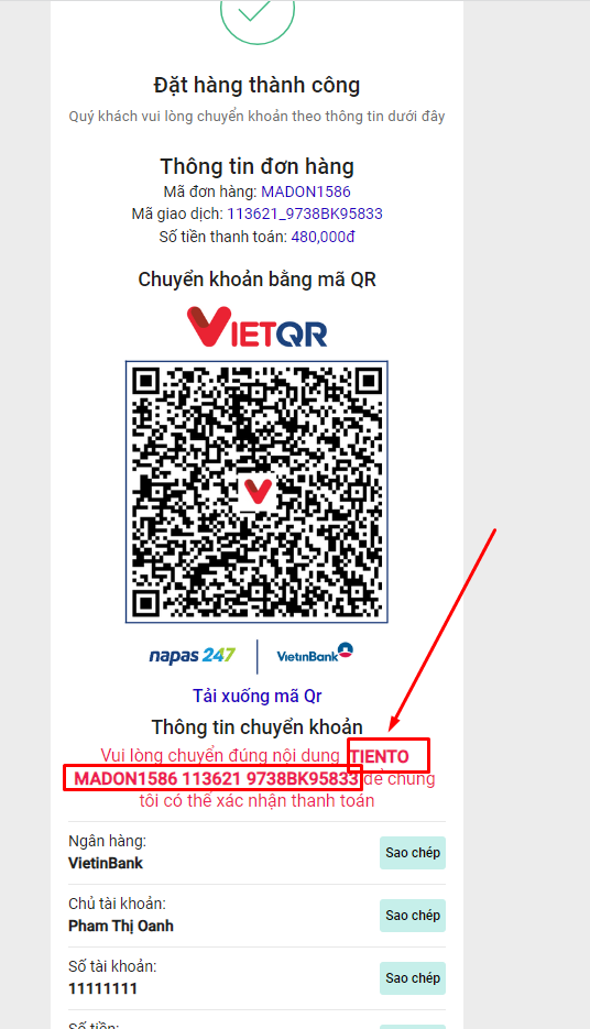Ví dụ về nội dung chuyển khoản tạo tự động và có tiền tố