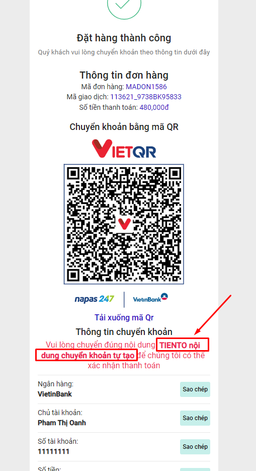 Ví dụ về nội dung chuyển khoản tự nhập và có tiền tố