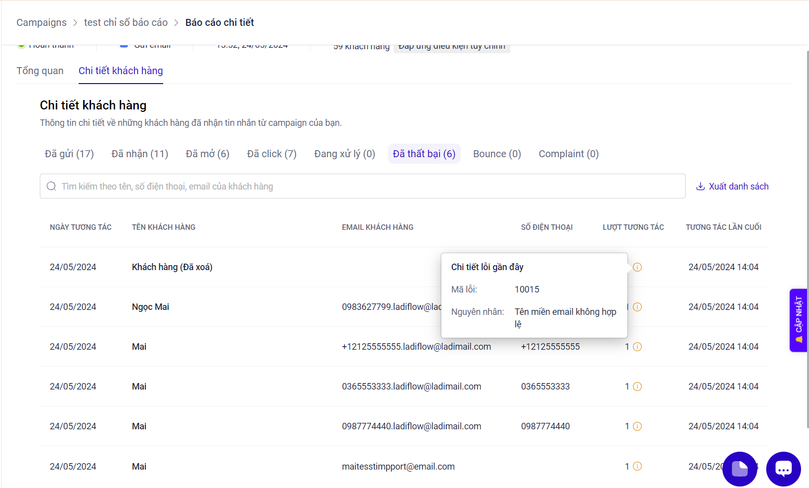Xem lỗi gửi tin tại Campaign