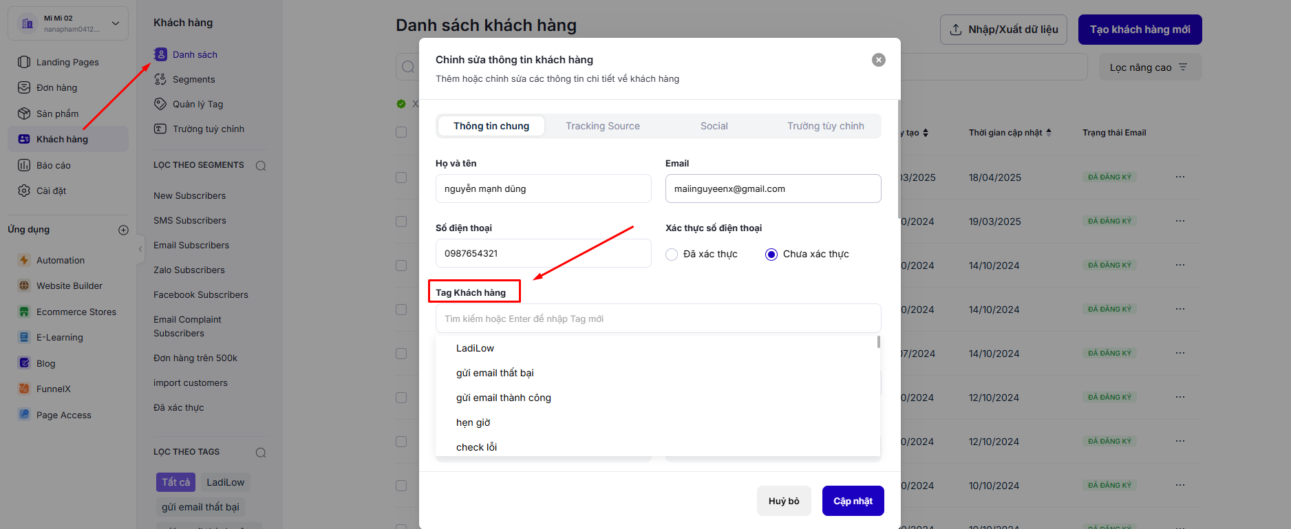Thêm Tag cho khách hàng