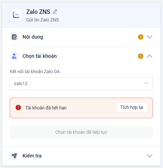 Tích hợp Zalo đã hết hạn
