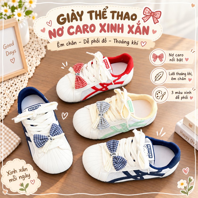 Giày thể thao nơ caro xinh xắn