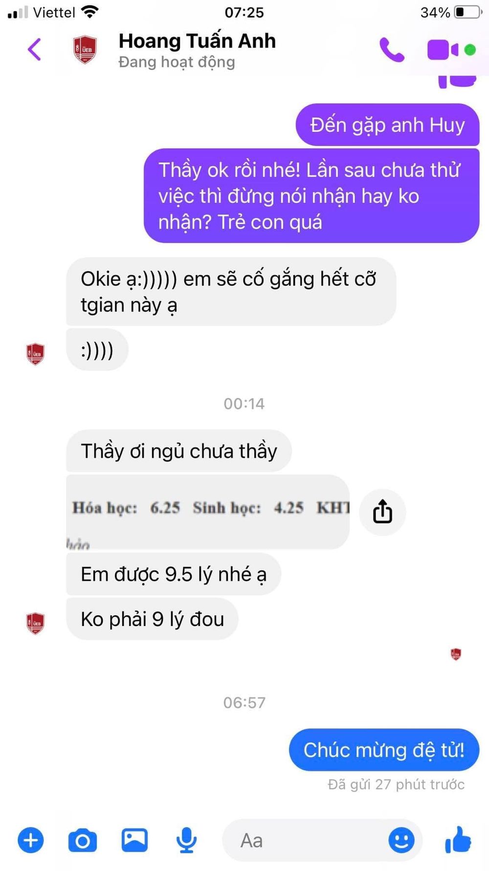 Tin nhắn học viên đạt 9,5 điểm Lý
