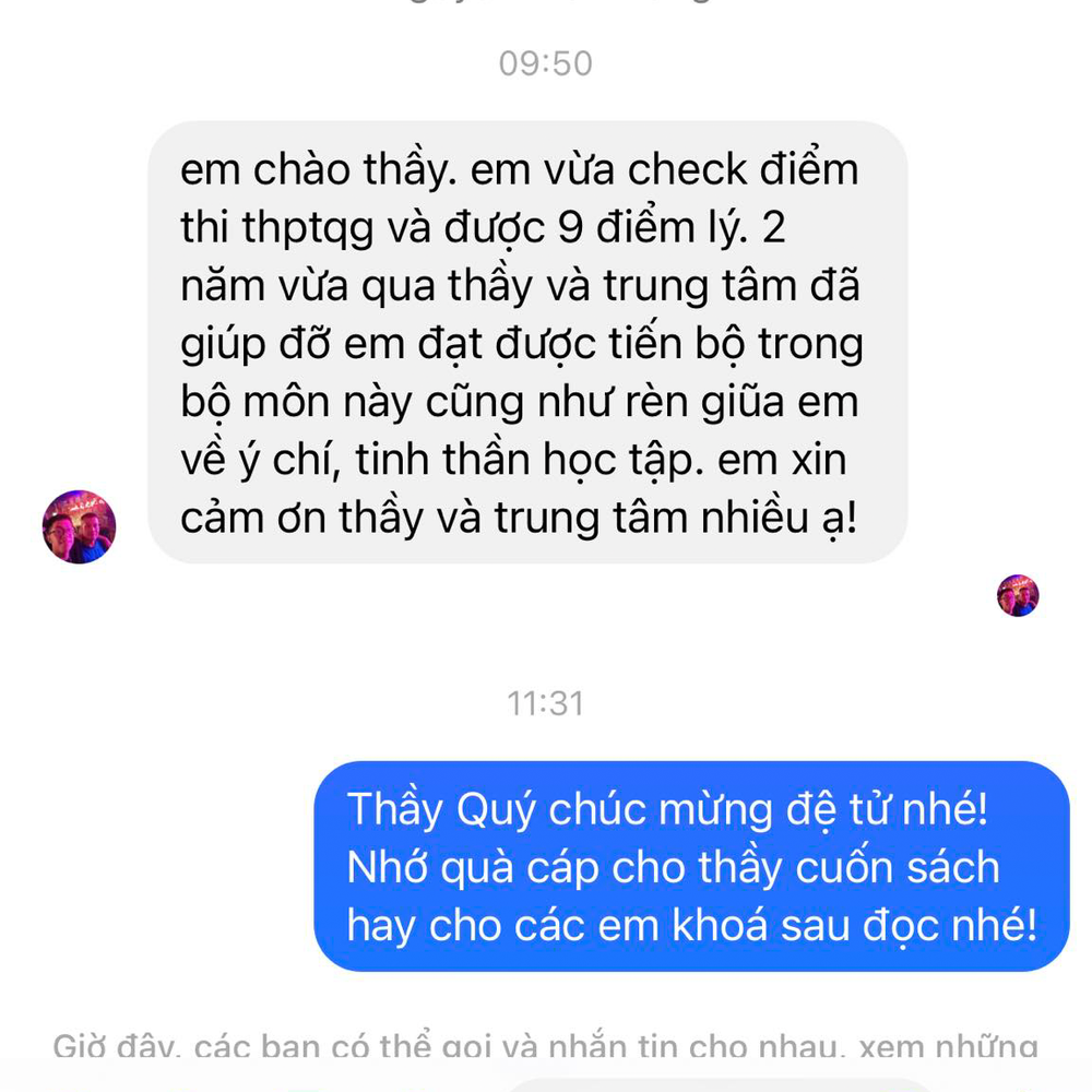 Học viên cảm ơn thầy, đạt 9 điểm Lý