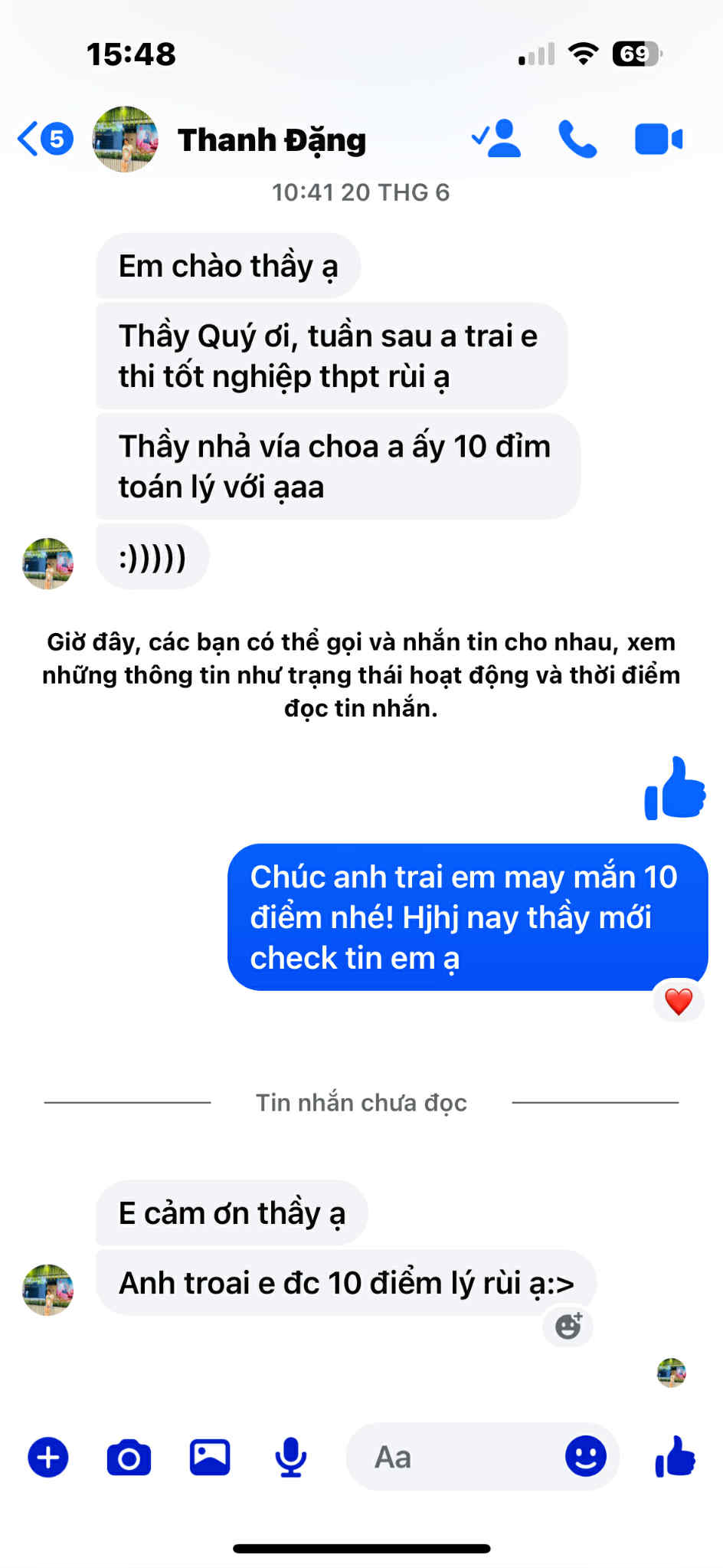 Tin nhắn học viên đạt 10 điểm Lý