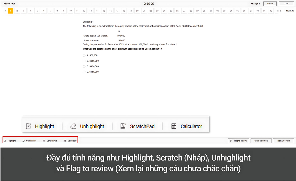 Công cụ Highlight, Scratchpad, Unhighlight và Flag to review