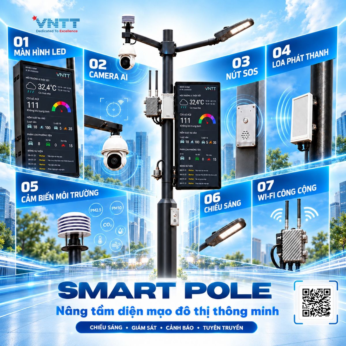 Smart Pole VNTT tích hợp màn hình LED, Camera AI, nút SOS, loa phát thanh, cảm biến môi trường, chiếu sáng và Wi-Fi công cộng