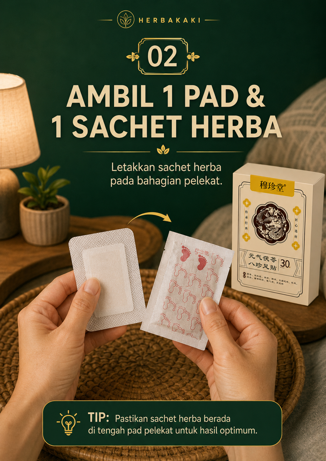 Langkah 2 ambil pad dan sachet herba