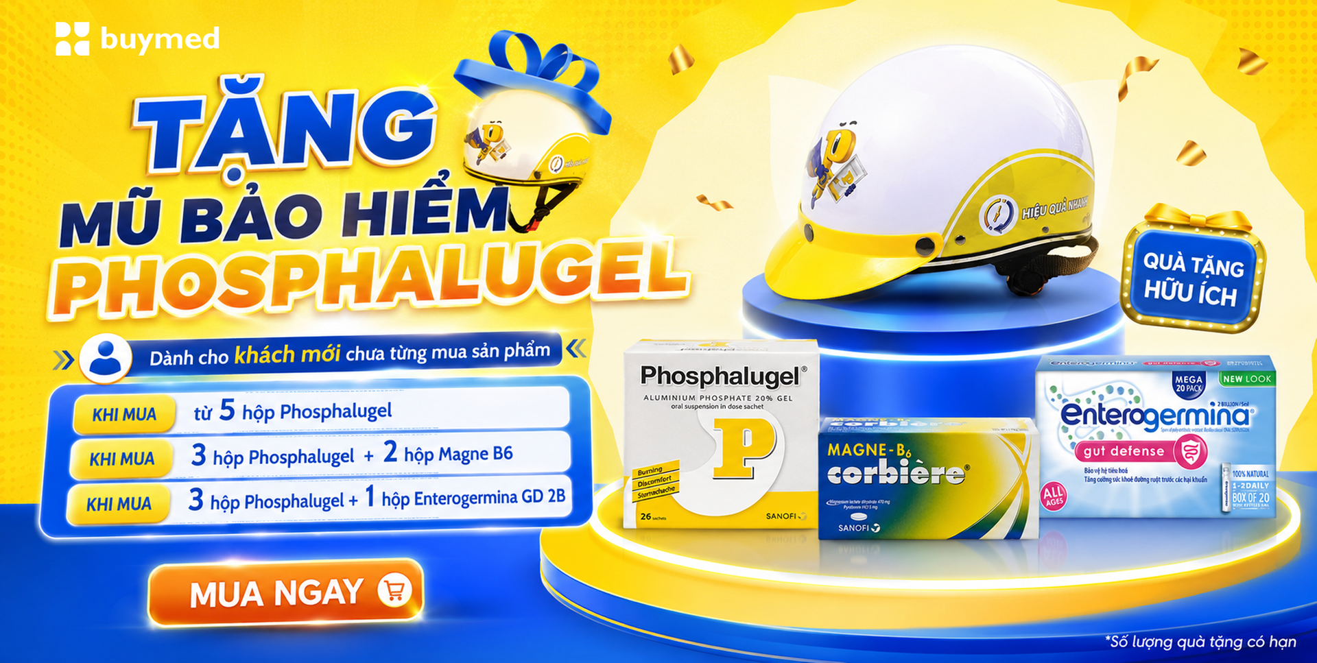 Tặng mũ bảo hiểm Phosphalugel dành cho khách mới tại Buymed