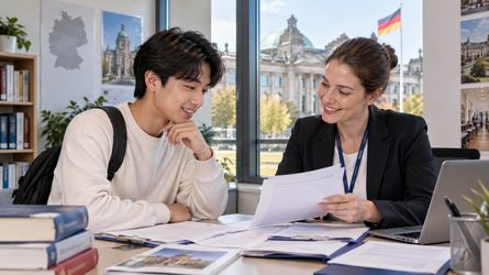 Sinh viên quốc tế trao đổi hồ sơ đầu vào Đại học Đức với bộ phận tư vấn tuyển sinh