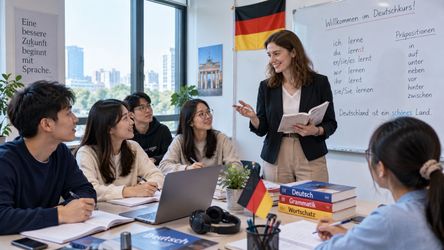 Sinh viên học tiếng Đức trong lớp đại học với giáo viên và hoạt động tương tác