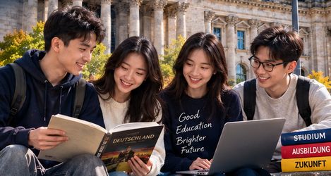 Nhóm người trẻ cùng xem sách và máy tính trong không gian ngoài trời
