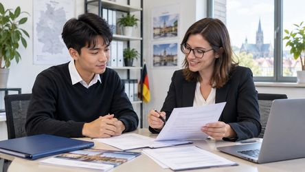 Người học và người tư vấn trao đổi giấy tờ tại bàn làm việc