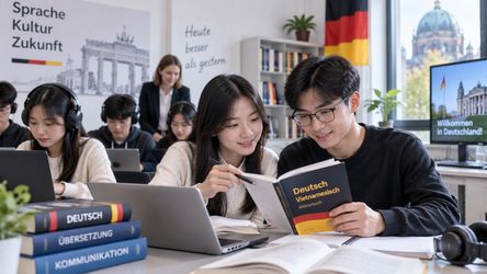 Sinh viên thực hành tiếng Đức, dịch thuật và giao tiếp trong phòng học ngôn ngữ