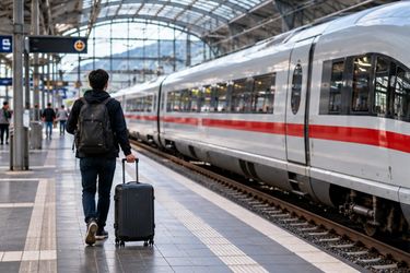 Du khách mang vali và ba lô trên sân ga cạnh tàu đường dài ở Đức