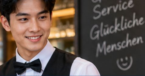 Nhân viên mặc đồng phục phục vụ nhà hàng với áo gile và nơ