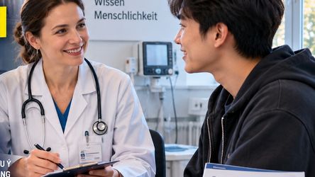 Du học sinh và bác sĩ tại cơ sở y tế ở Đức với thẻ bảo hiểm y tế