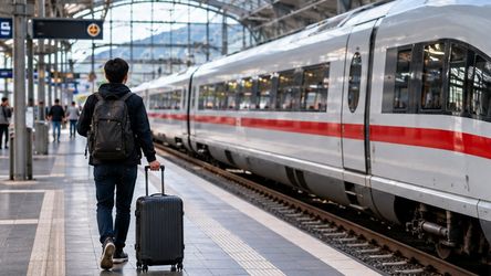 Bạn trẻ mang ba lô và vali đứng trên sân ga cạnh tàu chở khách