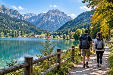 Du khách đi bộ bên hồ giữa cảnh núi cao, minh họa hành trình khám phá Bayern