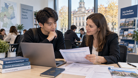 Sinh viên trao đổi với cố vấn tuyển sinh về IELTS và điều kiện chương trình tiếng Anh tại Đức